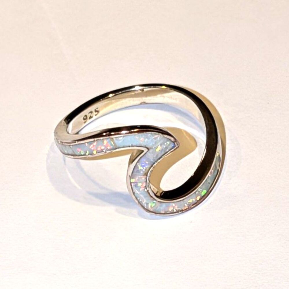 Sterling Silver White Opal Wave Ring, size 8